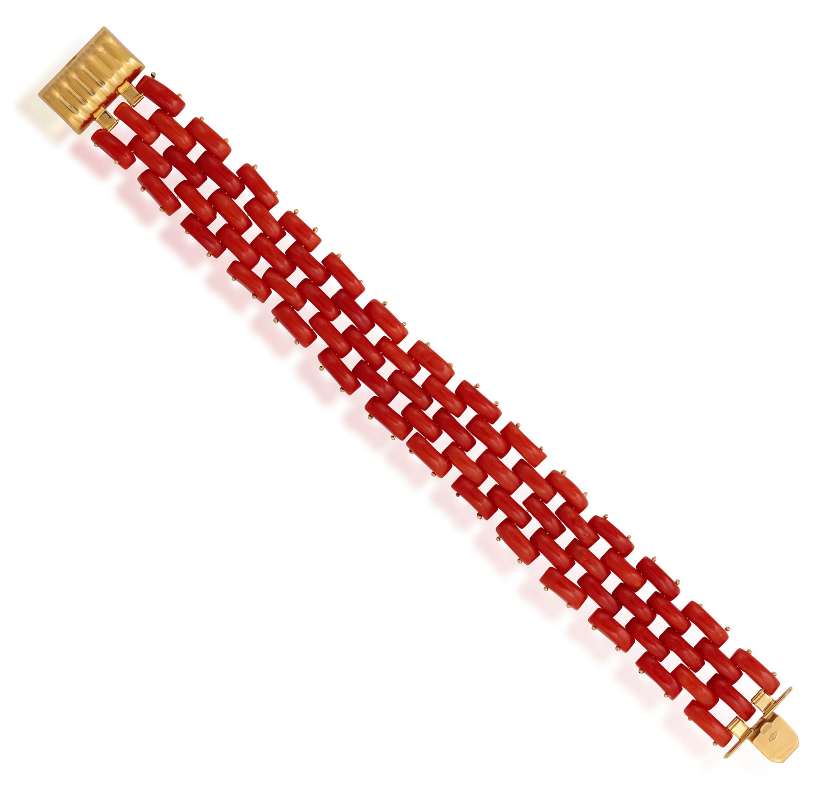 A GOLD AND CORAL BRACELET Designed as a brick-link chain bracelet, composed of polished coral, to a: A GOLD AND CORAL BRACELET Designed as a brick-link chain bracelet, composed of polished coral, to a clasp of reeded design, in 18K gold, Italian registry mark, length 19.5cm **Prospective buyers are a