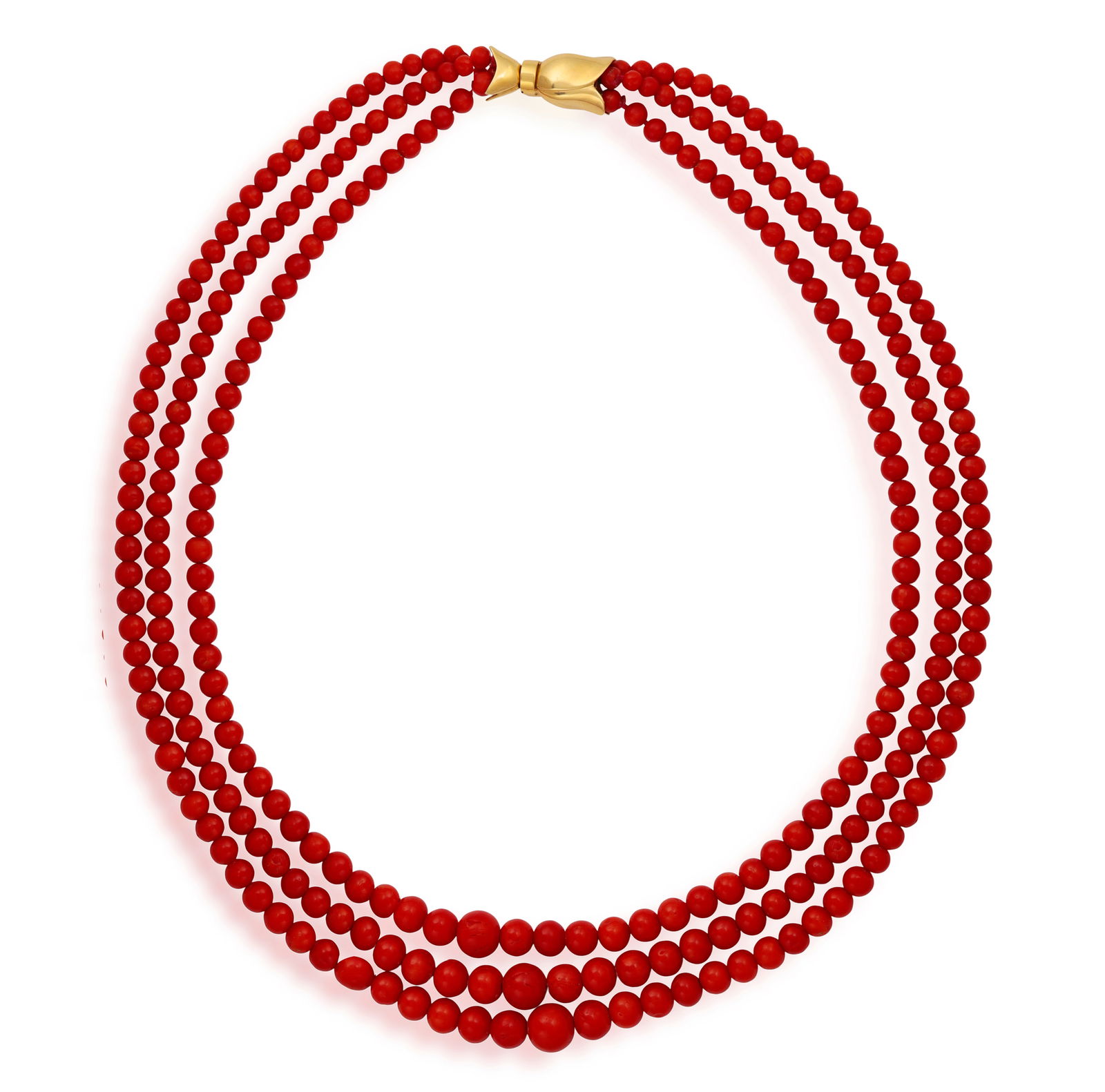 A CORAL NECKLACE  Composed of three strands of graduated coral beads, measuring from 4.4 - 9.7mm, to (1 of 3)