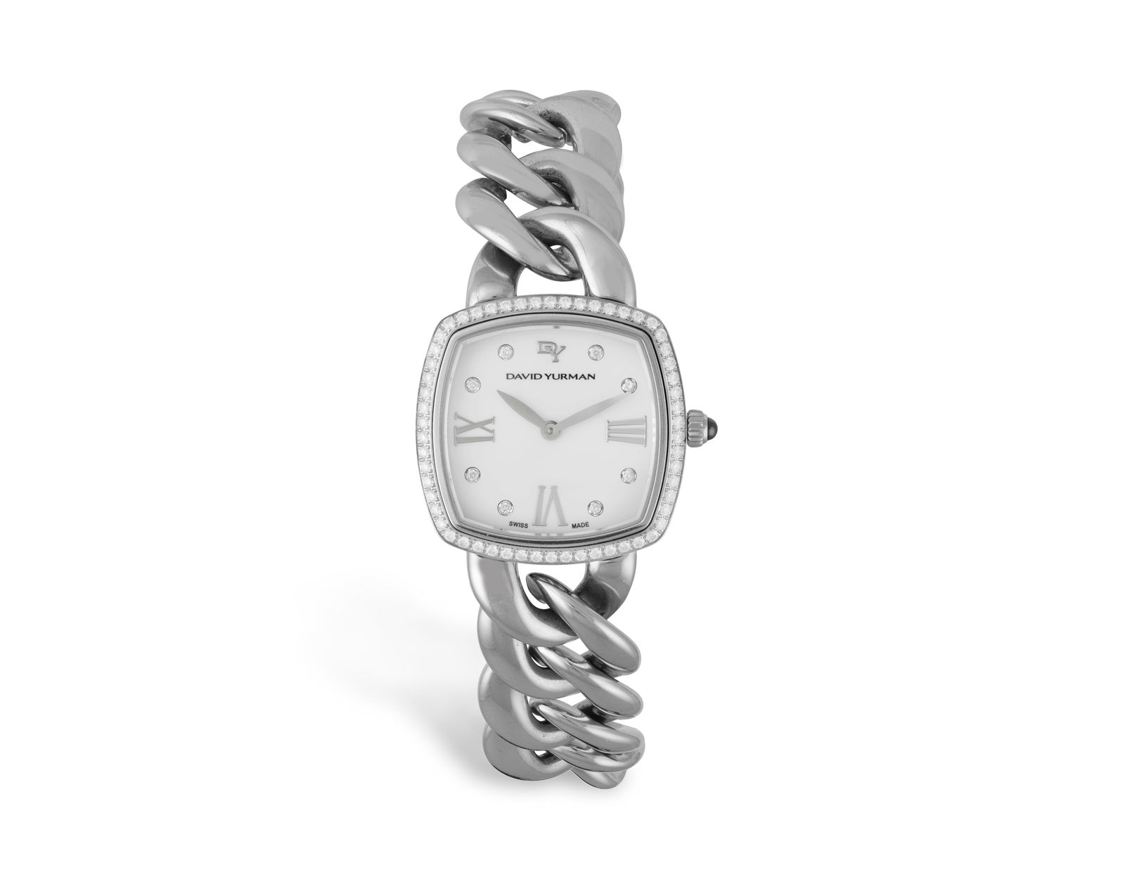 DAVID YURMAN: A LADY’S STAINLESS STEEL QUARTZ WRISTWATCH  Quartz movement, the square white (1 of 3)