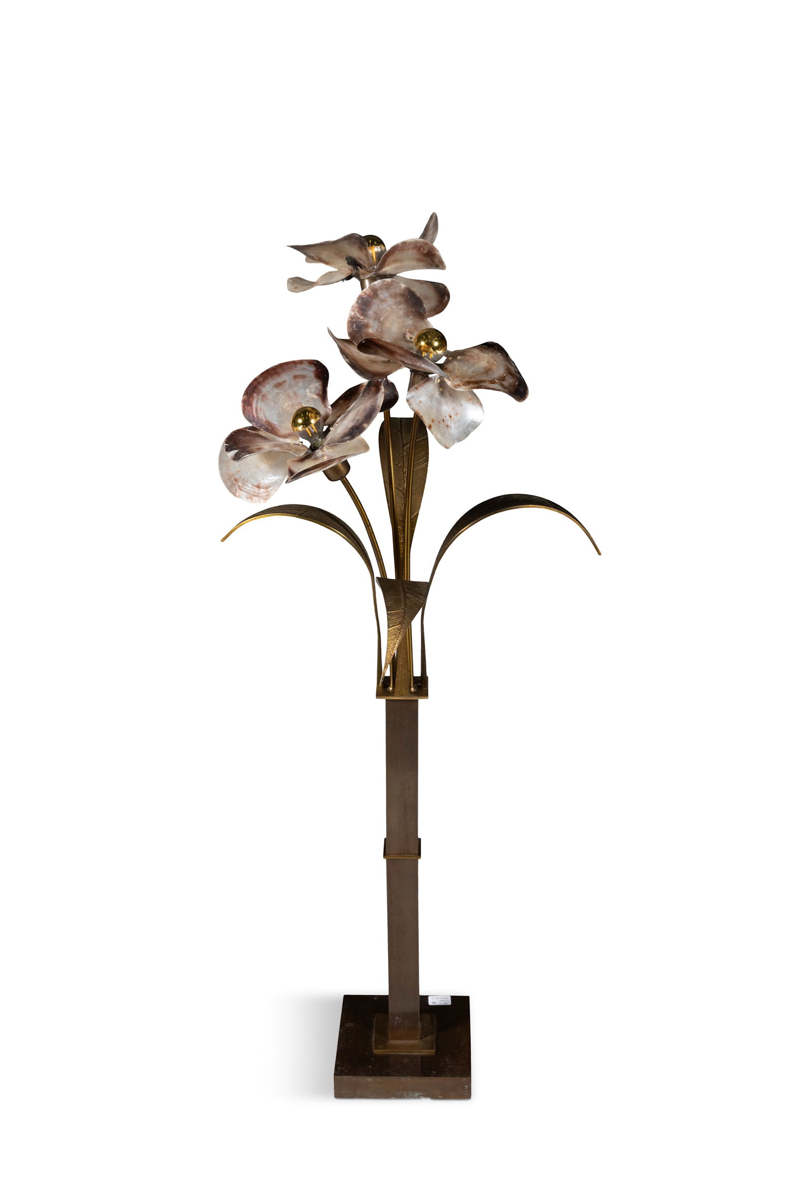WILLY DARO A Willy Daro brass floor lamp with mother-of-pearl leaves. Signed. 137cm(h): WILLY DARO A Willy Daro brass floor lamp with mother-of-pearl leaves. Signed. 137cm(h)