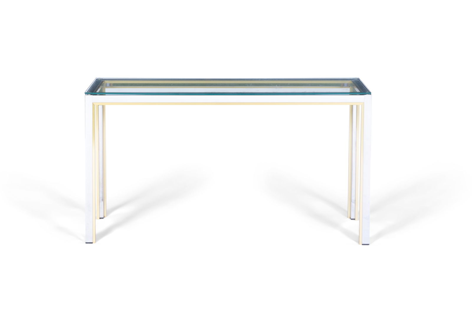 CONSOLE TABLE A gilt metal and chrome console table with a glass top. Italy, c.1960. 135 x 37 x: CONSOLE TABLE A gilt metal and chrome console table with a glass top. Italy, c.1960. 135 x 37 x 73cm(h)