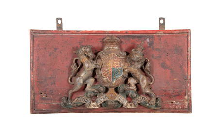 A CAST IRON POLYCHROME PAINTED ROYAL COAT OF ARMS FOR THE UNITED KINGDOM, modelled with a rearing (1 of 3)
