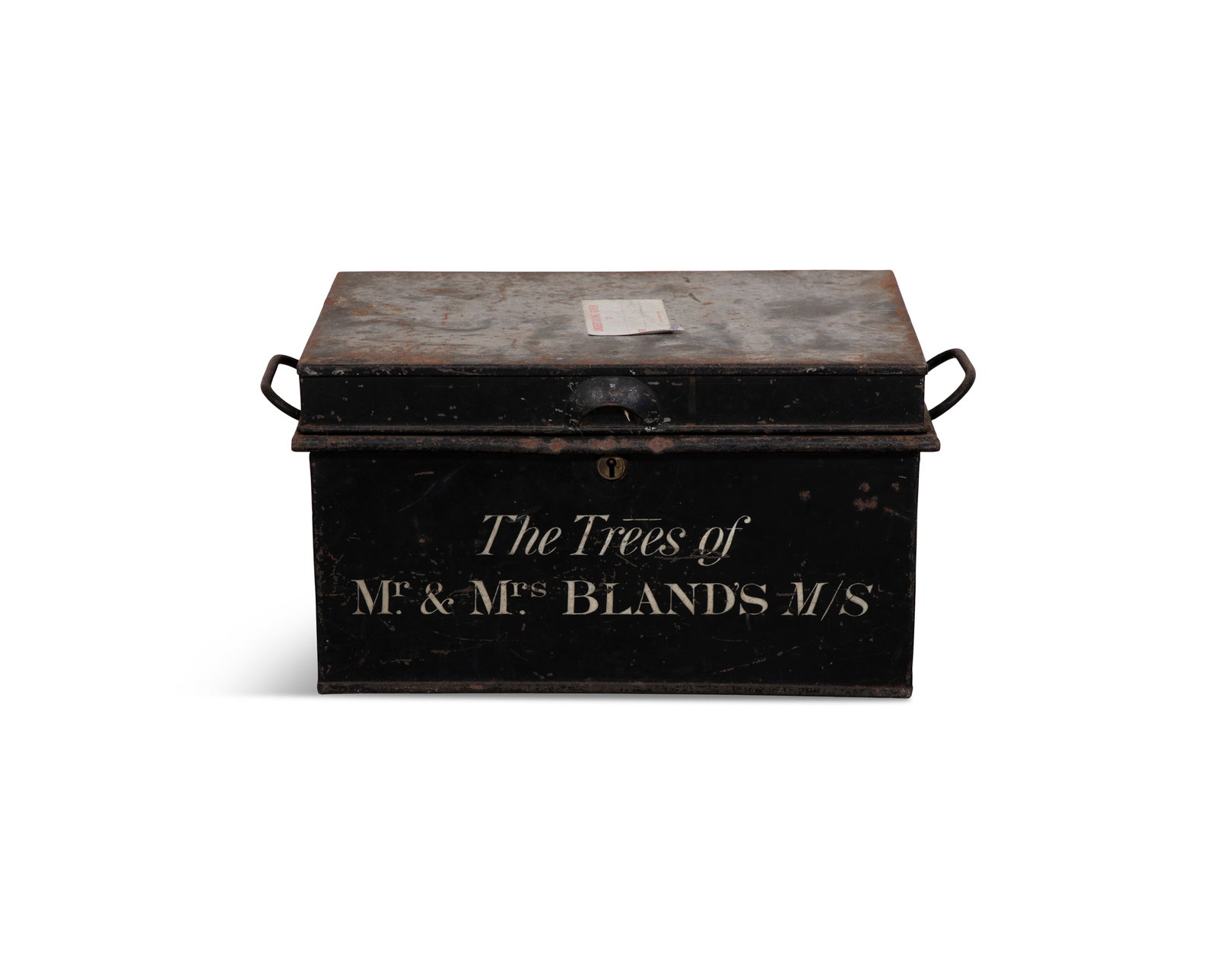 A DOCUMENT BOX BY HEPBURN AND COCKS, with hinged lid and twin carrying handles, inscribed to one: A DOCUMENT BOX BY HEPBURN AND COCKS, with hinged lid and twin carrying handles, inscribed to one side 'The Trees of Mr and Mrs Blands M/S' with plaque to inside of lid inscribed 'HEPBURN & COCKS, CASH