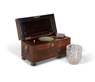 A REGENCY ROSEWOOD AND BRASS MOUNTED TEA CADDY, of rectangular form with hinged lid, enclosing (1 of 3)