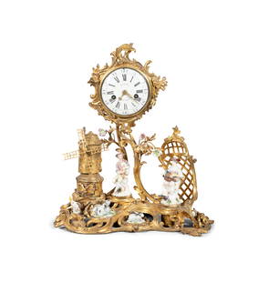 A LOUIS XV ORMOLU AND PORCELAIN MANTEL CLOCK, THE MOVEMENT BY ANTOINE-ROBERT BUNON, MID-18TH: A LOUIS XV ORMOLU AND PORCELAIN MANTEL CLOCK, THE MOVEMENT BY ANTOINE-ROBERT BUNON, MID-18TH CENTURY, the white enamelled dial with Roman and Arabic numerals and movement signed 'BUNON A PARIS', frame