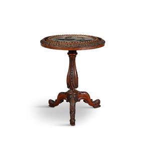 A VICTORIAN WALNUT AND PIETRA DURA CIRCULAR OCCASIONAL TABLE, CIRCA 1870, the centre inset with a: A VICTORIAN WALNUT AND PIETRA DURA CIRCULAR OCCASIONAL TABLE, CIRCA 1870, the centre inset with a song bird perched on fruiting branches in various coloured stones enclosed by a beaded and leaf carved