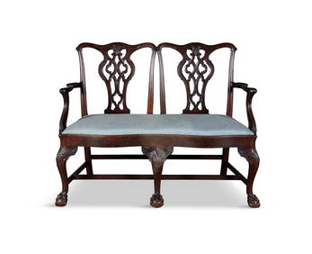 AN IRISH MAHOGANY DOUBLE-CHAIR BACK SETTEE, 19TH CENTURY, the openwork back, with twin intertwined (1 of 5)