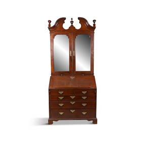 A GEORGE III MAHOGANY SLOPEFRONT ESTATE CABINET, surmounted with swan neck pediment and urn (1 of 5)