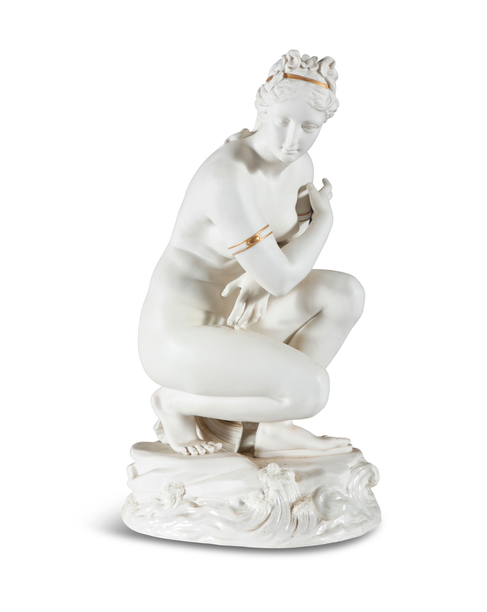 A BELLEEK FIRST PERIOD MODEL OF A CROUCHING VENUS (1863-1890),   the classical female figure (1 of 4)