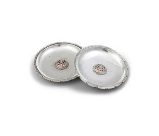 A PAIR OF ARTS AND CRAFTS SILVER AND ENAMEL DISHES, by Omar Ramsden, London 1938, each of shallow (1 of 5)
