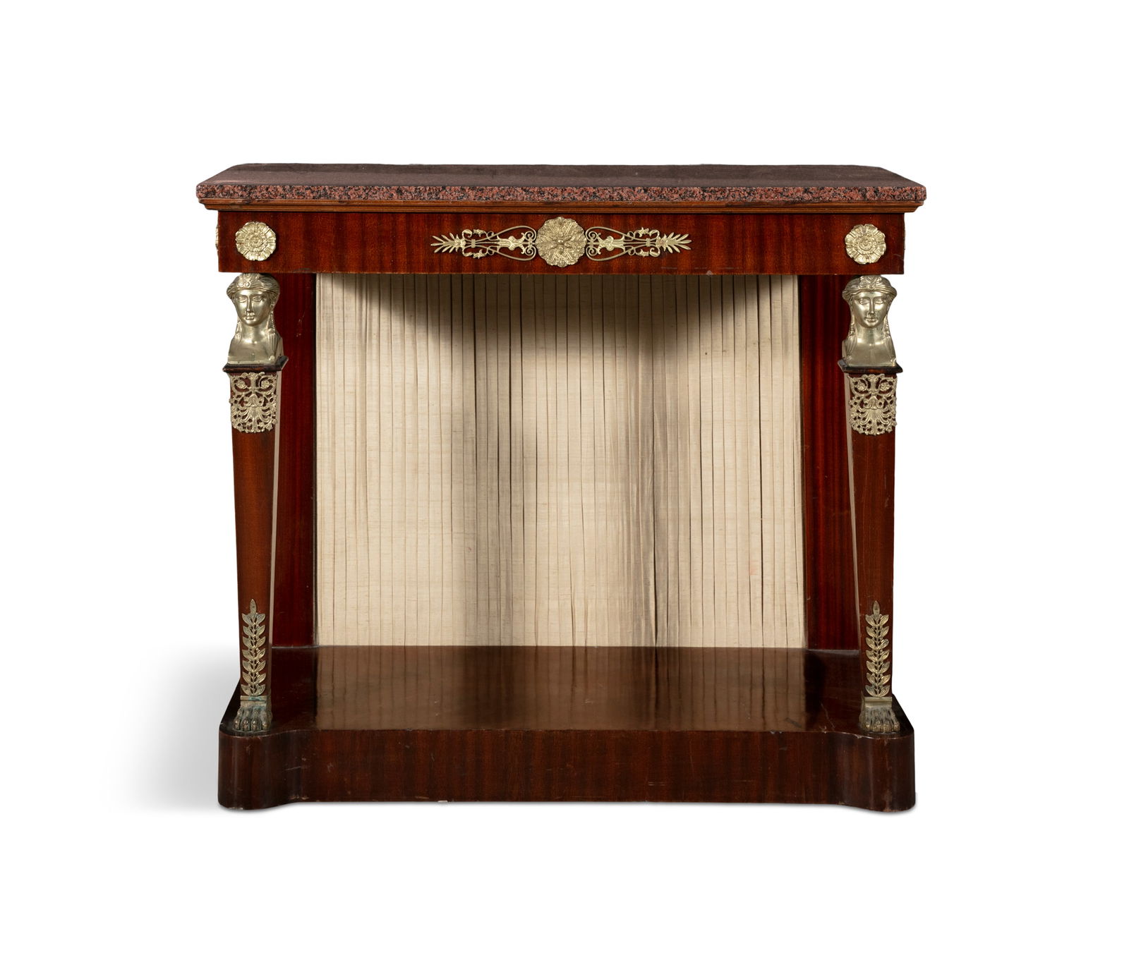 AN EMPIRE STYLE MARBLE TOP BRASS MOUNTED MAHOGANY CONSOLE TABLE, EARLY 19TH CENTURY, the: AN EMPIRE STYLE MARBLE TOP BRASS MOUNTED MAHOGANY CONSOLE TABLE, EARLY 19TH CENTURY, the rectangular top above a frieze with gilt brass floral mounts, raised on square tapered legs topped with caryati