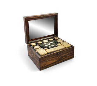 AN EARLY VICTORIAN LABURNAM AND BRASS STRUNG VANITY BOX, of rectangular form with side carrying (1 of 8)