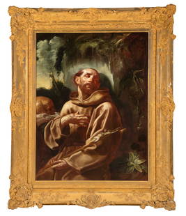 ITALIAN SCHOOL, 17TH CENTURY/18TH CENTURY Saint Francis in Ecstasy Oil on canvas, 123 x 90cm In: ITALIAN SCHOOL, 17TH CENTURY/18TH CENTURY Saint Francis in Ecstasy Oil on canvas, 123 x 90cm In a later 19th Century gilt and gesso frame.