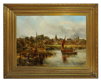 WILLIAM JOSEPH JULIUS CAESAR BOND (1833-1926) Boats on the Water, church steeple beyond, Galway Oil (1 of 4)
