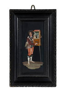 AN ITALIAN PIETRA DURA FRAMED PANEL, MID 19TH CENTURY, depicting a puppeteer / street entertainer: AN ITALIAN PIETRA DURA FRAMED PANEL, MID 19TH CENTURY, depicting a puppeteer / street entertainer in various coloured stones against a black ground. 21 x 10cm