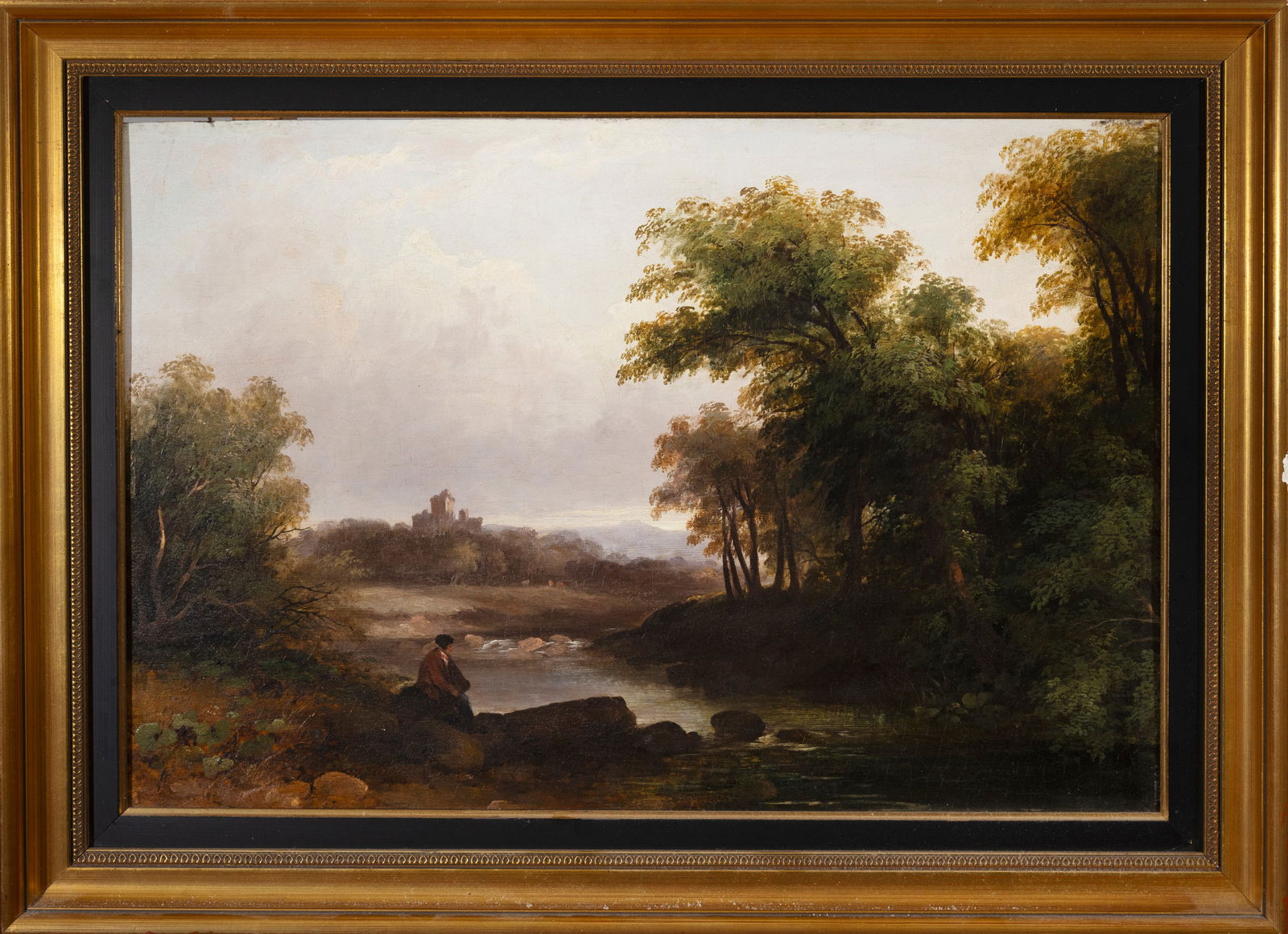 SAMUEL FREDERICK BROCAS (1792-1847) River Landscape with Figures sitting on a Rock, and Distant: SAMUEL FREDERICK BROCAS (1792-1847) River Landscape with Figures sitting on a Rock, and Distant Castle Oil on panel, 40.5 x 60.4cm Provenance: Collection of the Hon. Francis D. Murnaghan Jr., thence b