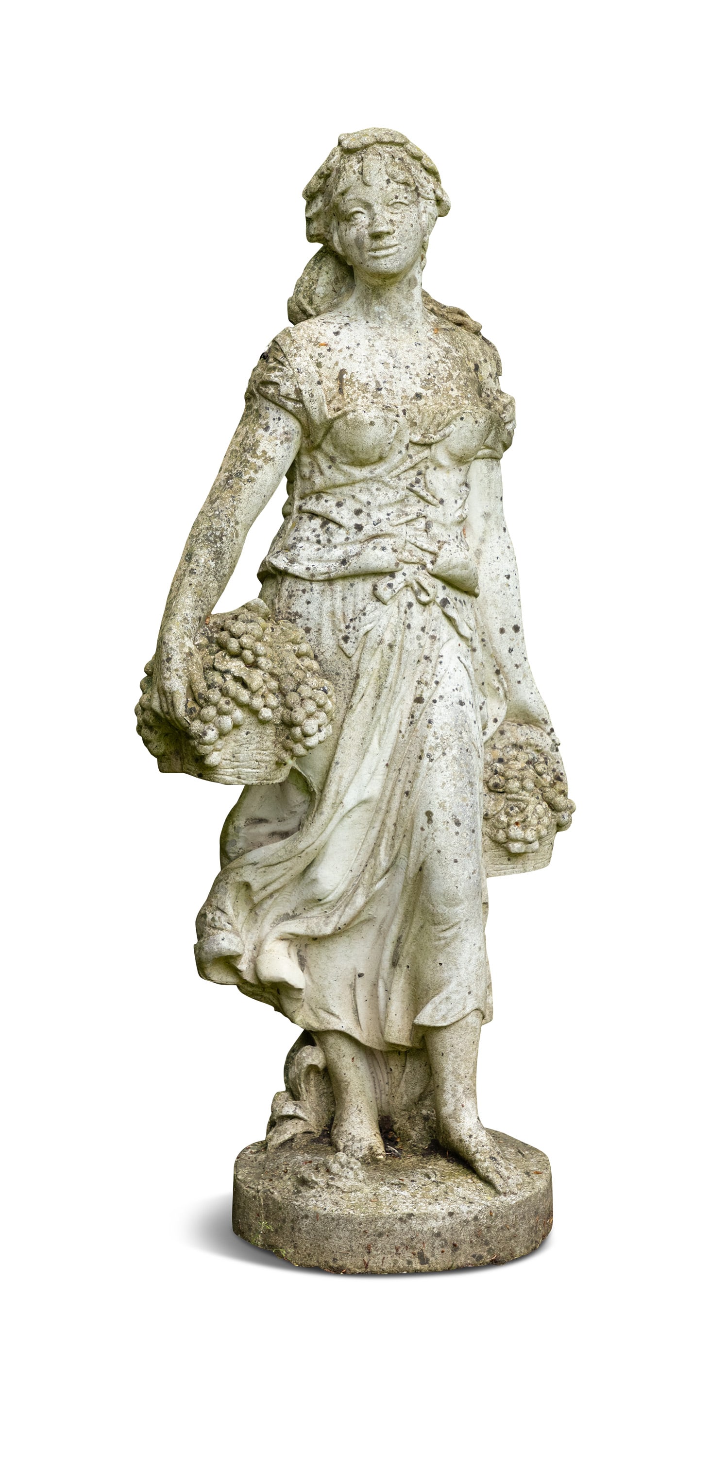 A LARGE STONE COMPOSITE FIGURE OF A MAIDEN, 20TH CENTURY,   standing holding baskets of grapes, on a (1 of 1)