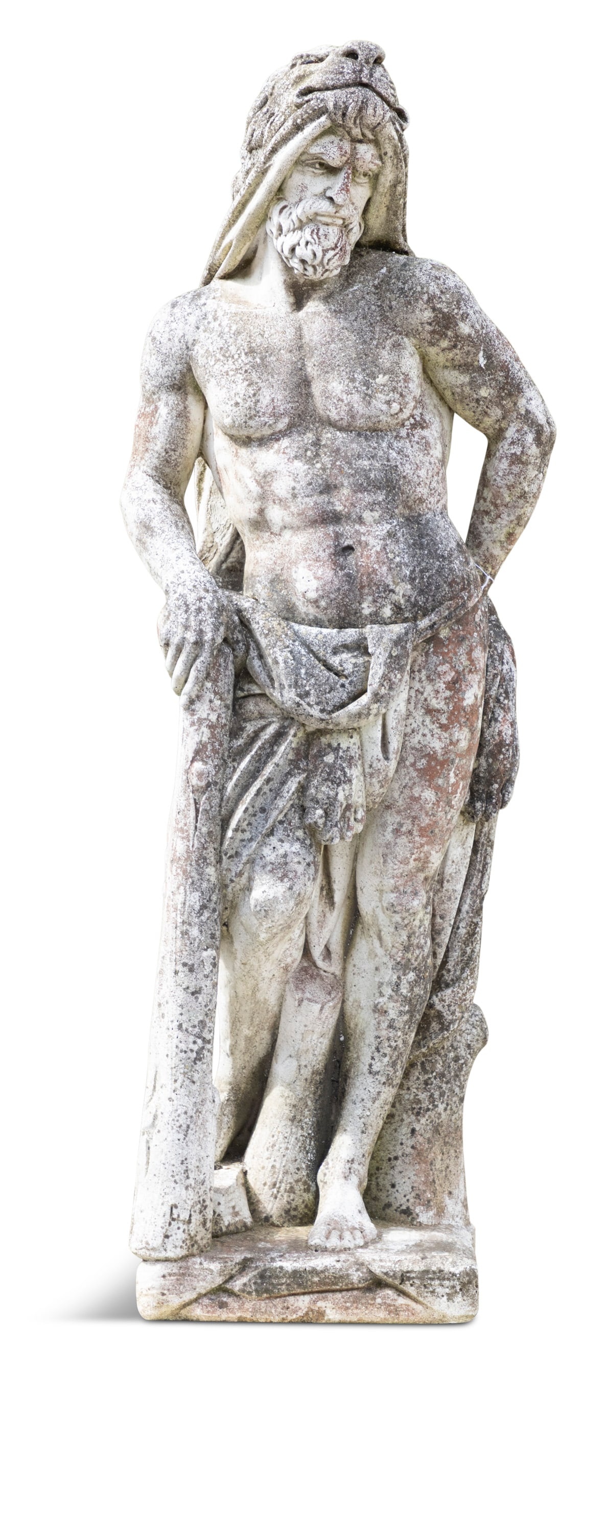 A LIFE-SIZE COMPOSITE STONE STATUE OF HERCULES,   wearing the skin of the Nemean lion, circa 175cm (1 of 3)
