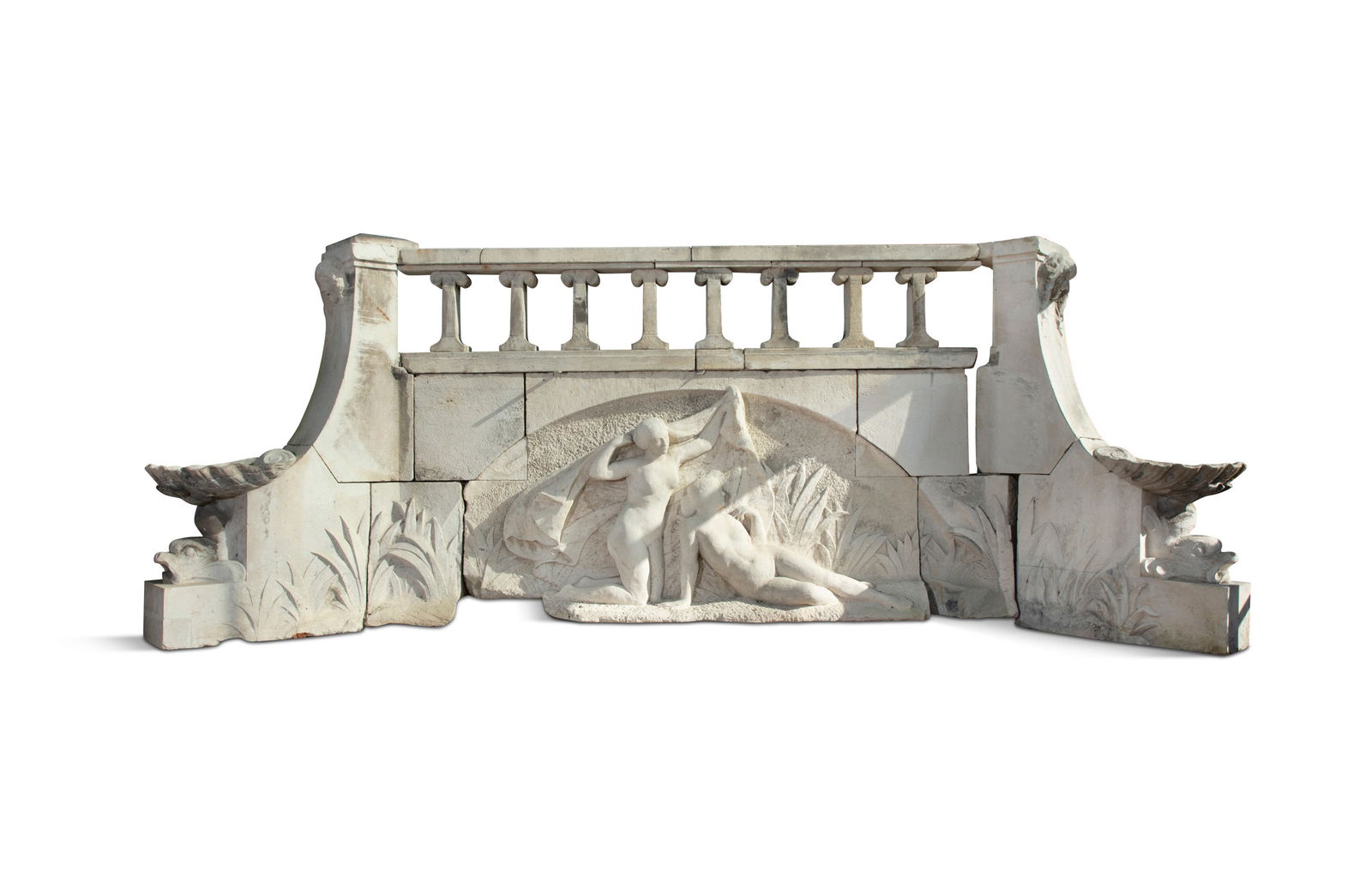 A MONUMENTAL NEO-CLASSICAL WHITE-MARBLE FOUNTAIN BALUSTRADE,   of architectural form, the central (1 of 8)