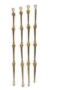 A COLLECTION OF FOUR GILT BRASS CEILING LIGHT RODS, with cast leaf collars. 110cm long: A COLLECTION OF FOUR GILT BRASS CEILING LIGHT RODS, with cast leaf collars. 110cm long