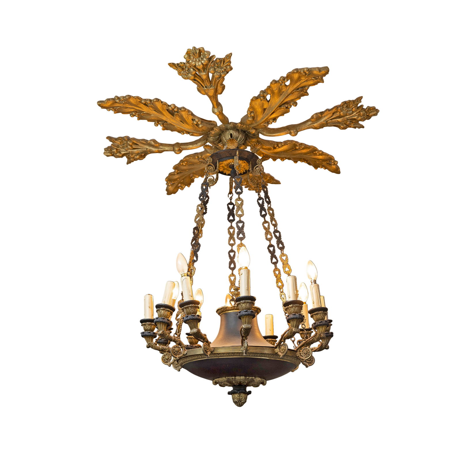 A FRENCH EMPIRE STYLE BRASS TWELVE BRANCH CEILING LIGHT   with acanthus leaf corona, issuing four (1 of 4)