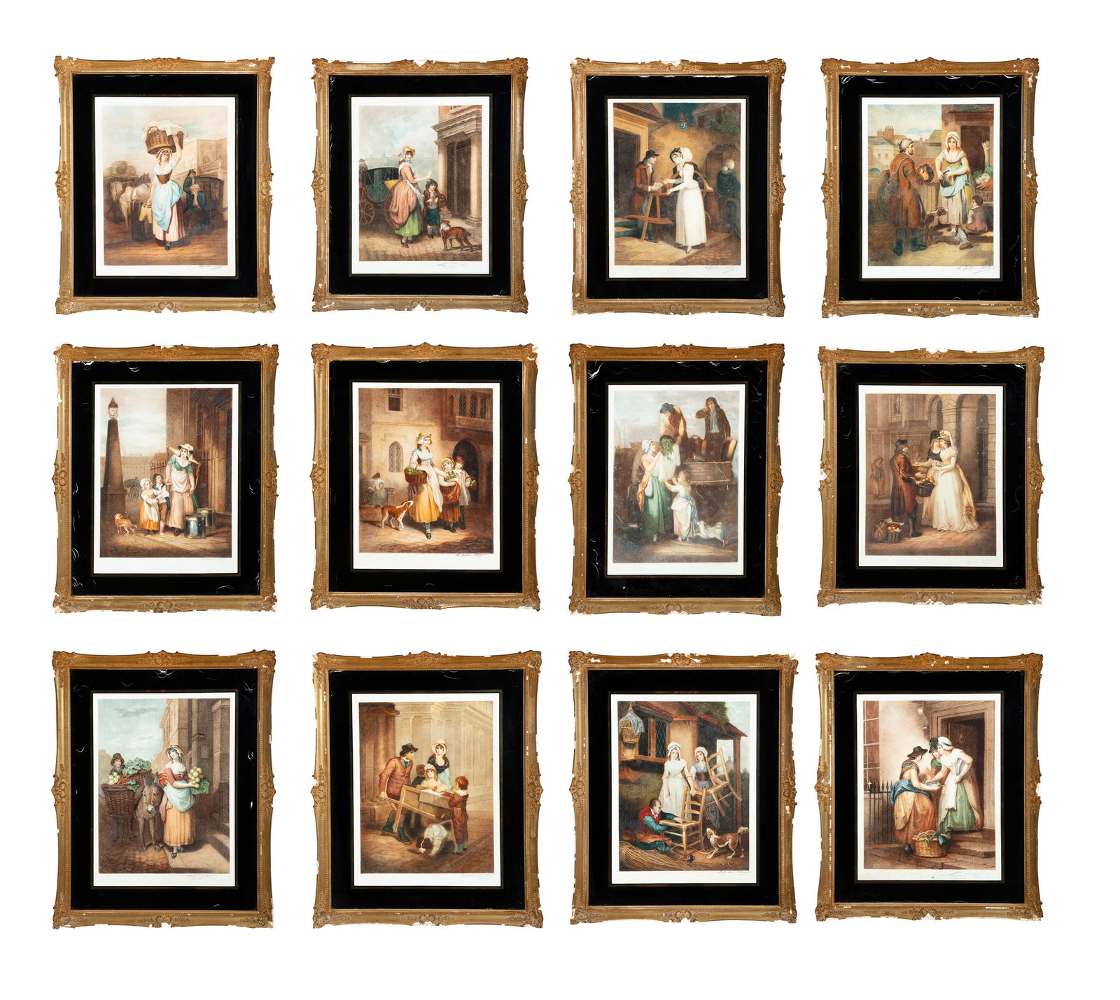 AFTER FRANCIS WHEATLEY 'Cries of London' A set of 13 prints, framed within verre eglomise borders: AFTER FRANCIS WHEATLEY 'Cries of London' A set of 13 prints, framed within verre eglomise borders 39 x 29cm Pencil signed to margins (13)