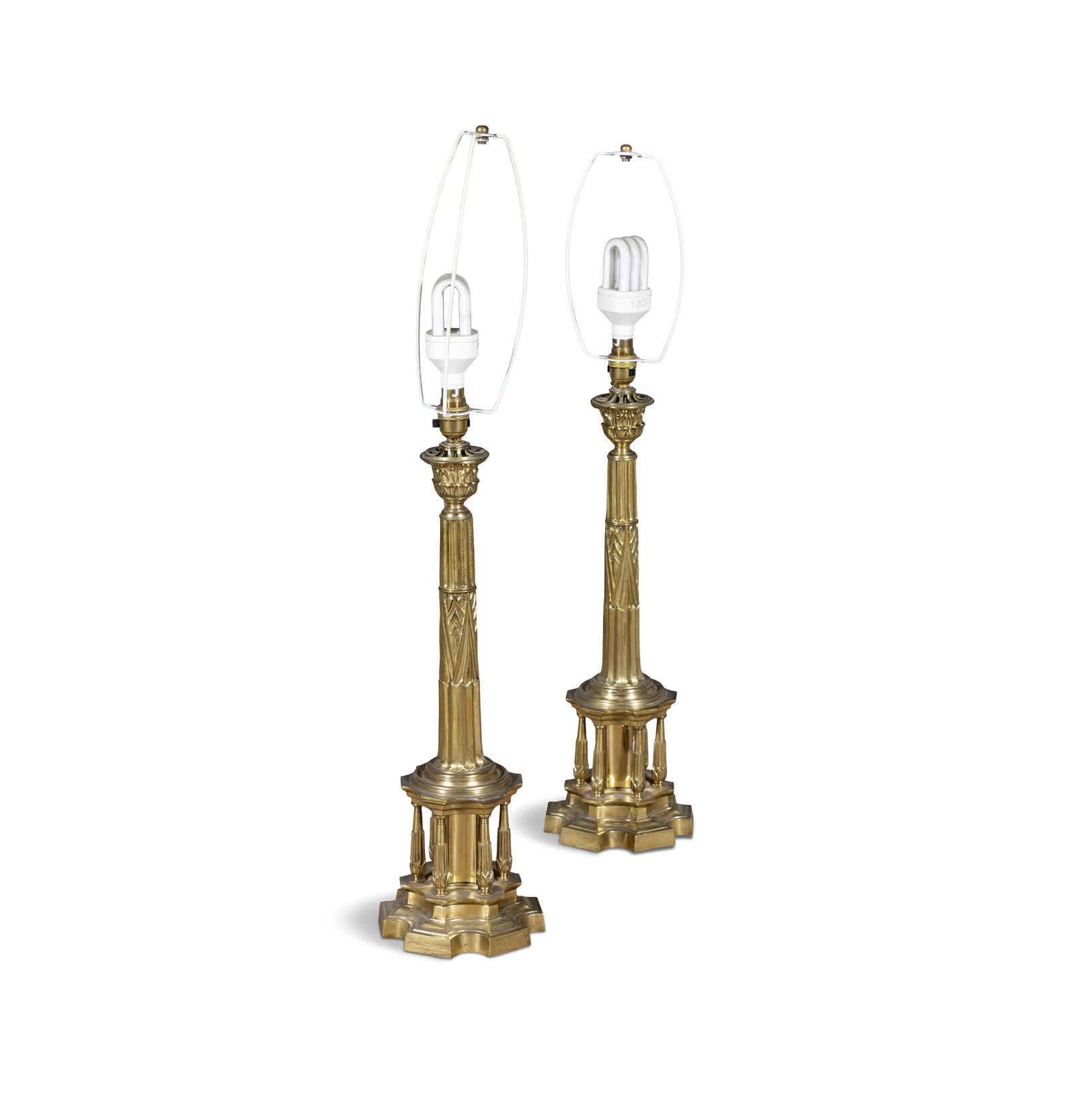 A PAIR OF BRASS TABLE LAMPS,  51cm high, excluding fitments  (E)  ELECTRICAL GOOD IN NEED OF (1 of 4)