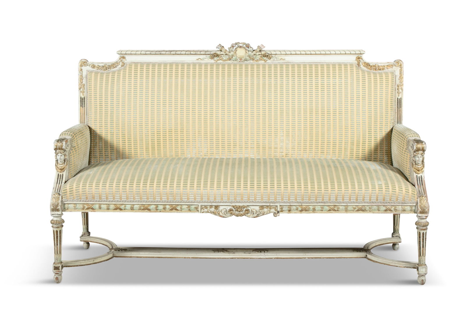 A PAIR OF FRENCH 19TH CENTURY PAINTED TWO-SEATER SETTEES, each with rectangular shaped backs with: A PAIR OF FRENCH 19TH CENTURY PAINTED TWO-SEATER SETTEES, each with rectangular shaped backs with carved trophy to crest rail and frame carved with trailing floral swags, upholstered in mint and gold