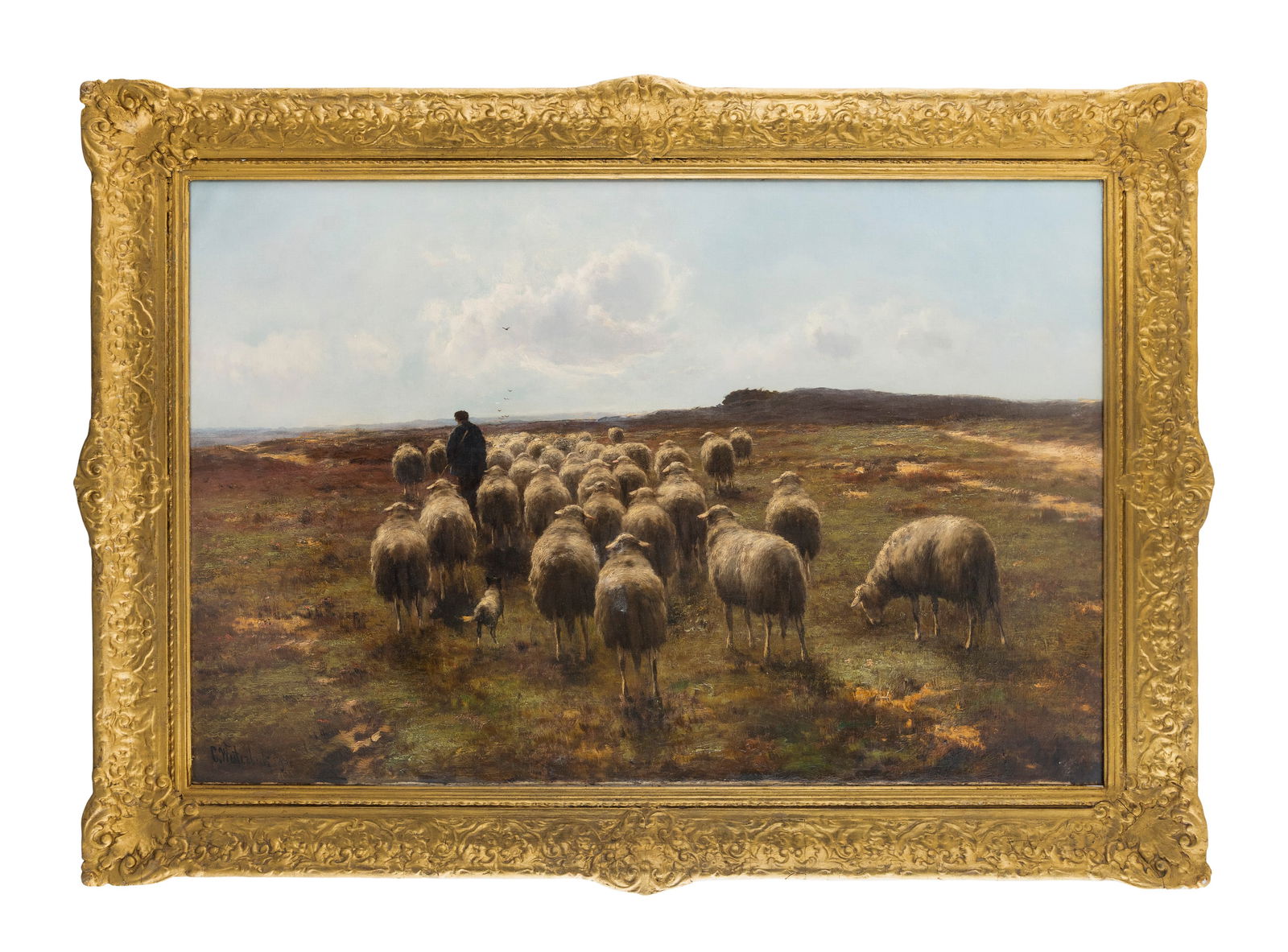 CORNELIS WESTERBEEK (DUTCH, 1844-1903) A Shepherd driving his flock Oil on canvas, 60 x 90cm: CORNELIS WESTERBEEK (DUTCH, 1844-1903) A Shepherd driving his flock Oil on canvas, 60 x 90cm
