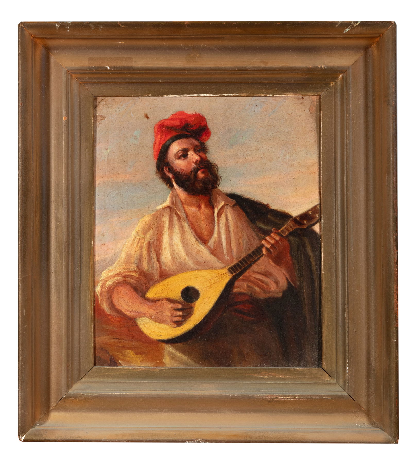 CONTINENTAL SCHOOL, 19TH CENTURY A Man Playing a Sitar Oil on board, 23 x 19cm: CONTINENTAL SCHOOL, 19TH CENTURY A Man Playing a Sitar Oil on board, 23 x 19cm