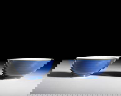 A PAIR OF BLUE GLAZED BOWLS, MARK 'QING HUA ZHEN PIN'   __ &#8220;____&#8221;______   China, 19th: A PAIR OF BLUE GLAZED BOWLS, MARK 'QING HUA ZHEN PIN' __ &#8220;____&#8221;______ China, 19th century, Qing dynasty D.9.3cm