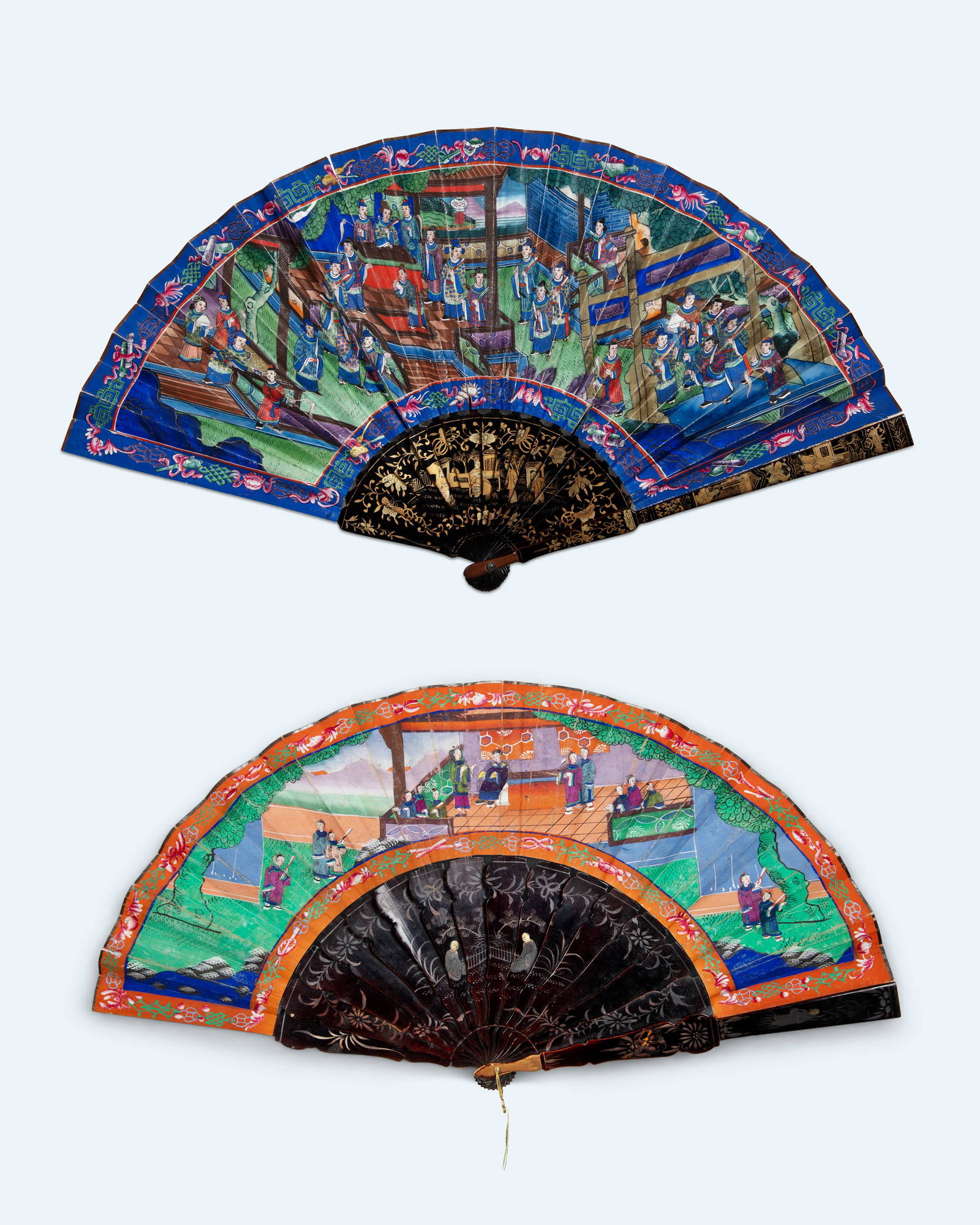 TWO CANTON BONE INLAID LACQUER FOLDING FANS 晚清 广作木彩ଚ