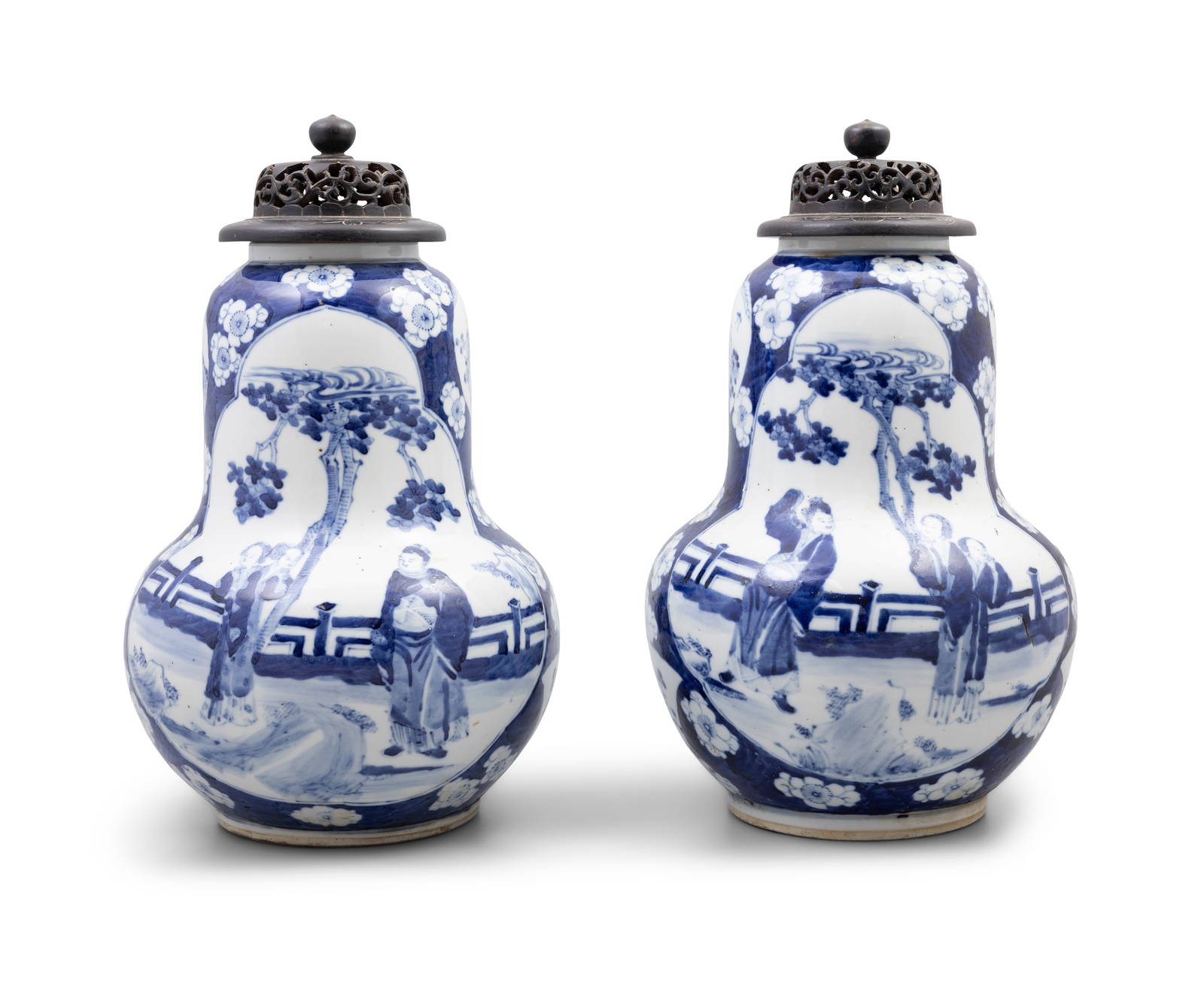 A PAIR OF CHINESE BLUE AND WHITE GOURD SHAPE VASES AND COVERS, 19___ _______ China, late 19th