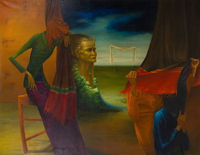 Ivan Sagito (Indonesian, born 1957) (IVAN SAGITA) Mencoba Menyigkap Misteri (Trying to cover a: Ivan Sagito (Indonesian, born 1957) (IVAN SAGITA) Mencoba Menyigkap Misteri (Trying to cover a mystery) Oil on canvas, Framed Signed Size: 98 x 125cm With certificate of authenticity