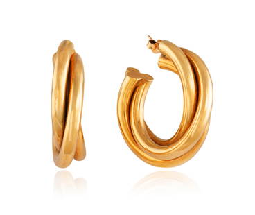 A PAIR OF 9K GOLD EARRINGS Each designed as three intertwined hoops, in 9K gold, English hallmarks,: A PAIR OF 9K GOLD EARRINGS Each designed as three intertwined hoops, in 9K gold, English hallmarks, length 4cm * This lot is sold without a reserve
