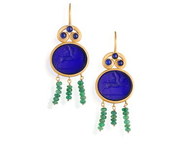 A PAIR OF SAPPHIRE, EMERALD AND GLASS INTAGLIO EARRINGS Each collet-set with a blue intaglio: A PAIR OF SAPPHIRE, EMERALD AND GLASS INTAGLIO EARRINGS Each collet-set with a blue intaglio depicting Eros on a horse with a bow, suspending three faceted emerald bead tassels, to a scrolled surmount