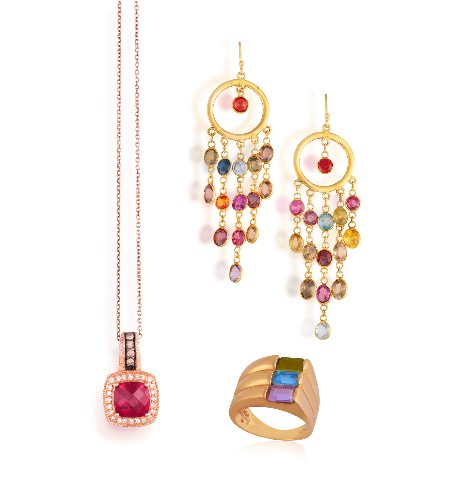 A GROUP OF JEWELLERY  Comprising: a pendant necklace, set with a cushion-shaped garnet within a (1 of 8)