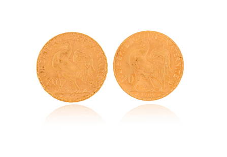 TWO TWENTY FRENCH FRANCS GOLD COINS  Dating 1908 and 1909  Total gross weight approximately 13.0g: TWO TWENTY FRENCH FRANCS GOLD COINS Dating 1908 and 1909 Total gross weight approximately 13.0g
