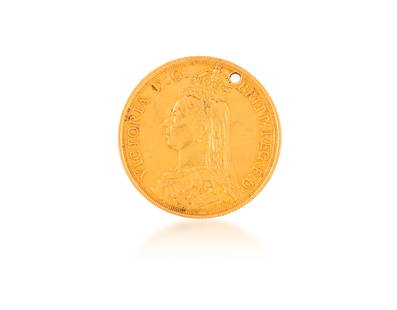 A VICTORIAN GOLD DOUBLE SOVEREIGN, 1887  To celebrate the 50-year Jubilee of the Queens coronation,: A VICTORIAN GOLD DOUBLE SOVEREIGN, 1887 To celebrate the 50-year Jubilee of the Queens coronation, drilled for suspension Total gross weight approximately 15.9g