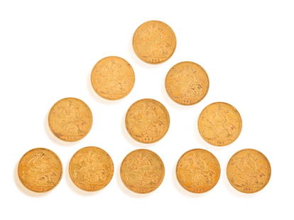 A COLLECTION OF ELEVEN VICTORIAN GOLD SOVEREIGN COINS FROM 1890'S  Comprising:  1891 x 1 London 1892: A COLLECTION OF ELEVEN VICTORIAN GOLD SOVEREIGN COINS FROM 1890'S Comprising: 1891 x 1 London 1892 x 3 London and Melbourne 1893 x 2 London 1895 x 1 London 1897 x 2 London and Melbourne 1899 x 2 Londo