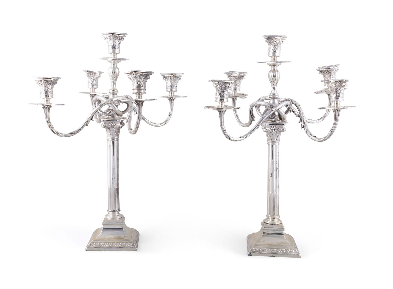 A PAIR OF 19th CENTURY SILVER PLATED FIVE-LIGHT CANDELABRA, of classical design with raised central: A PAIR OF 19th CENTURY SILVER PLATED FIVE-LIGHT CANDELABRA, of classical design with raised central socket, issuing four leafy scroll arm branches with Corinthian capital sockets on stop fluted column