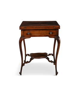 A MAHOGANY ENVELOPE TOP CARD TABLE,  the square top opening to reveal a baize lined interior with: A MAHOGANY ENVELOPE TOP CARD TABLE, the square top opening to reveal a baize lined interior with counter wells, over single frieze drawer, downswept cabriole legs, joined by wavy undertier. 73.5cm hig
