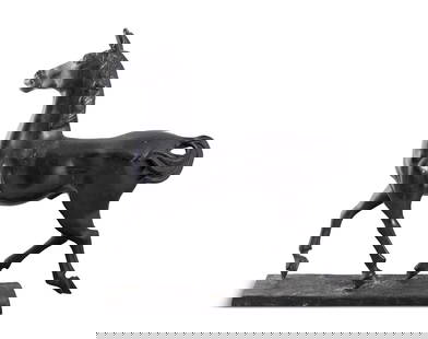A PATINATED BRONZE MODEL OF A STRIDING HORSE,    on rectangular plinth base, 50cm high, 45cm wide: A PATINATED BRONZE MODEL OF A STRIDING HORSE, on rectangular plinth base, 50cm high, 45cm wide