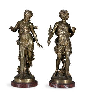 AFTER AUGUSTE MOREAU (FRENCH, 1834 -1917) A pair of gilt brass figures on marble bases, 62cm high: AFTER AUGUSTE MOREAU (FRENCH, 1834 -1917) A pair of gilt brass figures on marble bases, 62cm high