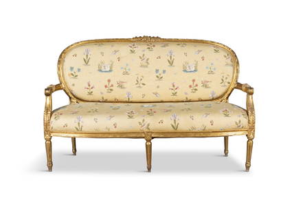 A LOUIS XV STYLE GILTWOOD SOFA, LATE 19TH CENTURY,   the padded back, seat and armrests covered in: A LOUIS XV STYLE GILTWOOD SOFA, LATE 19TH CENTURY, the padded back, seat and armrests covered in swan, bird and floral pattern upholstery, 95cm high, 158cm wide, 59cm deep