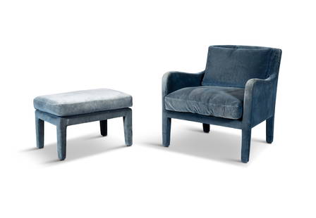 A MERIDIAN CHAIR AND STOOL, upholstered in blue velvet. chair 73cm high: A MERIDIAN CHAIR AND STOOL, upholstered in blue velvet. chair 73cm high