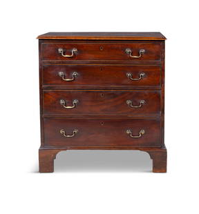 A MAHOGANY CHEST OF DRAWERS, 19TH CENTURY rectangular form, four graduated drawers, brass handles,: A MAHOGANY CHEST OF DRAWERS, 19TH CENTURY rectangular form, four graduated drawers, brass handles, on block feet. 86cm high, 68cm wide, 46cm deep