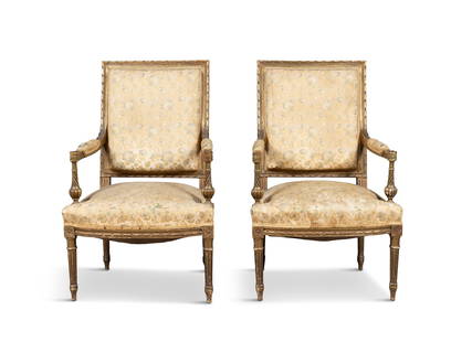 A PAIR OF FRENCH 19TH CENTURY GILTWOOD FAUTEUILS   rectangular back, seat and padded armrests: A PAIR OF FRENCH 19TH CENTURY GILTWOOD FAUTEUILS rectangular back, seat and padded armrests upholstered in floral silk fabric, with gadrooned and reeded frames, on turned legs. 97cm high, 51cm, deep,