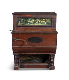 A COMPACT KEY-WOUND BARRELL ORGAN, LATE 19TH CENTURY,    housed within an upright mahogany case with: A COMPACT KEY-WOUND BARRELL ORGAN, LATE 19TH CENTURY, housed within an upright mahogany case with hinged covers and brass side handles, 76cm high, 57cm wide