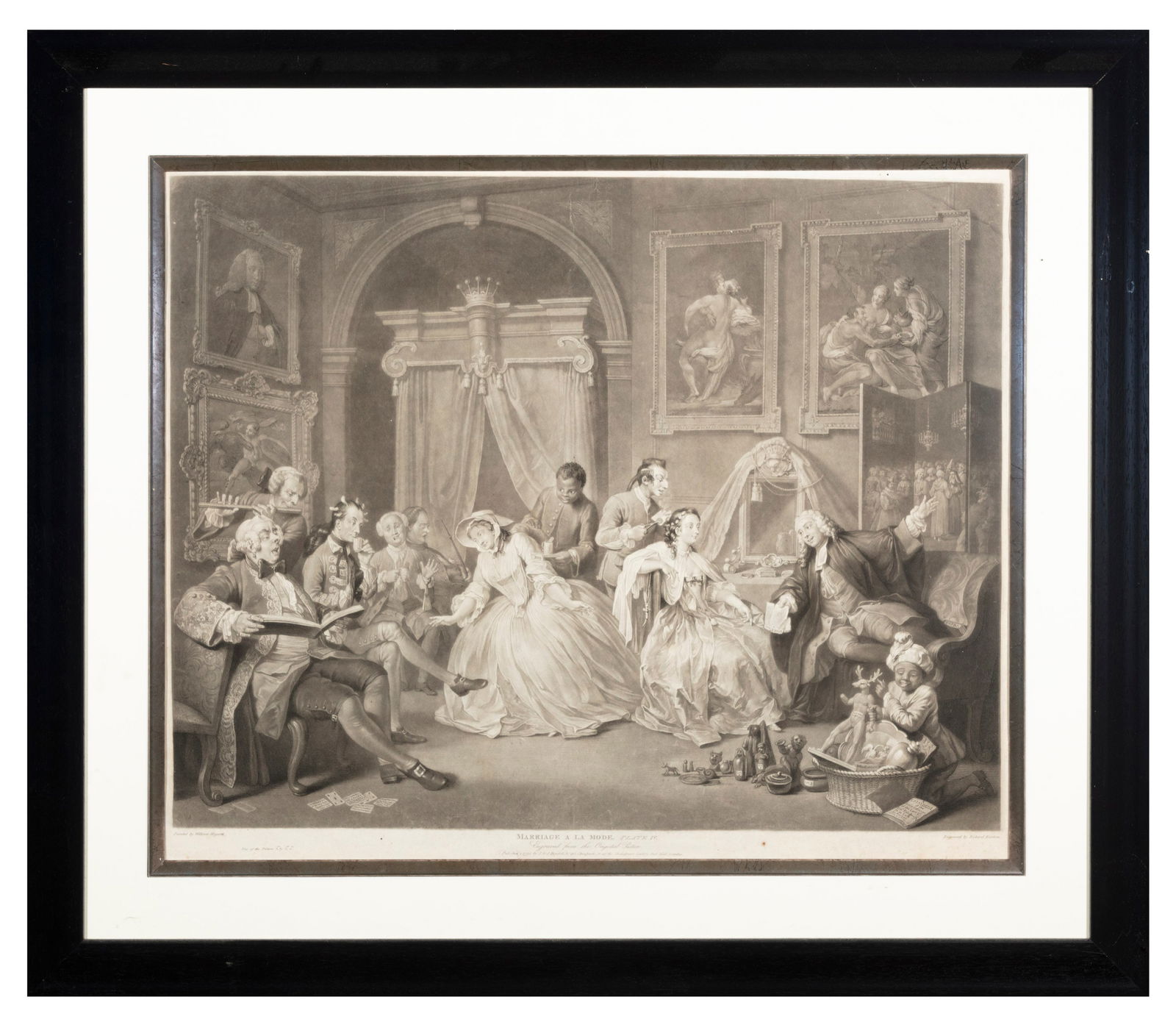 AFTER WILLIAM HOGARTH Black and white engravings, Marriage a La Mode, Plate 1 & IV, engraved by: AFTER WILLIAM HOGARTH Black and white engravings, Marriage a La Mode, Plate 1 & IV, engraved by Richard Earlom, 49 x 62cm (2)